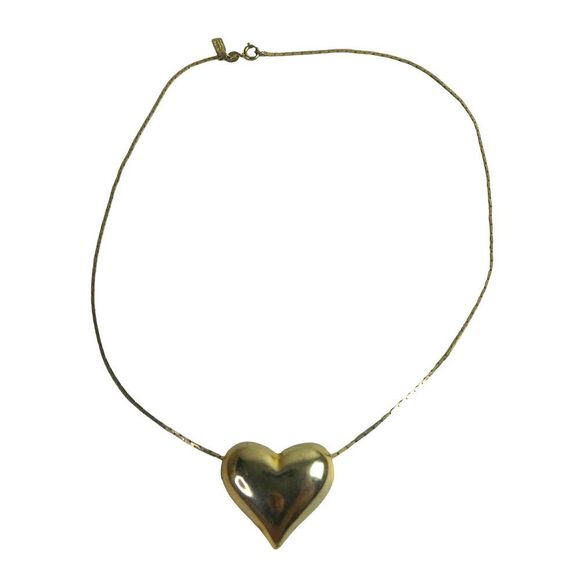 Gold Tone Puffy Heart Slide Pendant on Ultima 24kt Gold Plated Chain Necklace - Picture 2 of 10